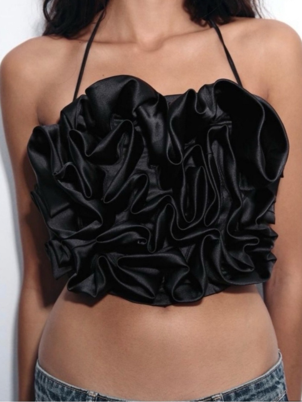 Zara Black Ruffle Satin Crop Top